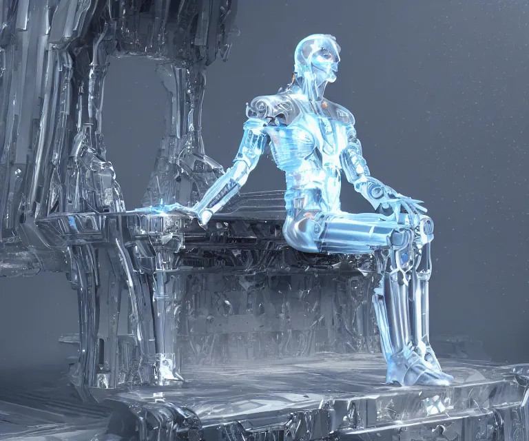 Image similar to translucent cyborg sitting on an aluminum throne, futuristic castle background, fantasy sci - fi, sharp lines, metallic, 2 0 0 mm focus