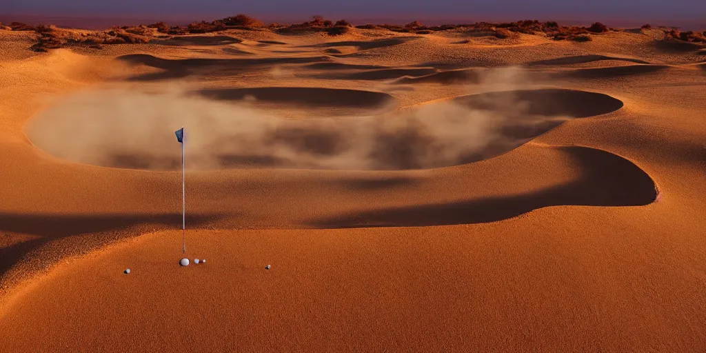 Image similar to a great photograph of the most amazing golf hole in the world, in the sahara desert, ambient light, golf digest, top 1 0 0, fog