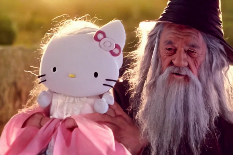 Image similar to portrait of Gandalf dressed up like hello kitty, smiling warmly, sunrise, movie still from Lord of the Rings, cinematic