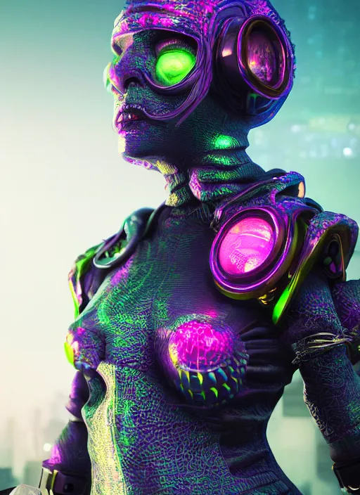 Image similar to hyperrealism, detailed textures, photorealistic 3 d cyberpunk octopus queen in apocalyptic city, futuristic clothing and helmet, neon colors, ultra realistic, cinematic, intricate, low light, unreal engine 8 k