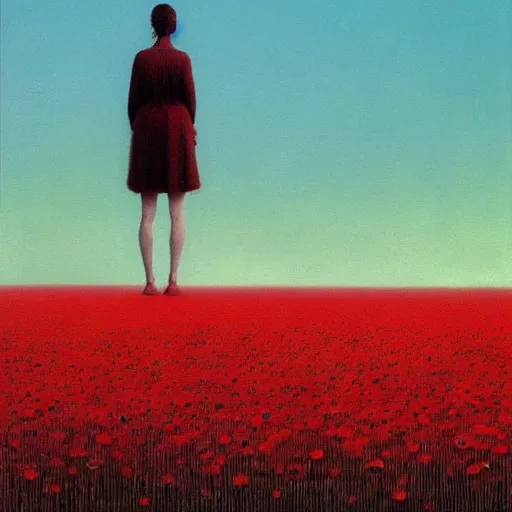 Prompt: a painting of a girl standing in a field of poppies by zdzisław beksiński