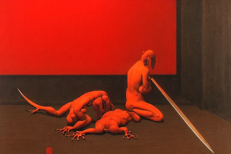 Image similar to only with red, a red samurai do seppuku, tokio, a lot of frogs watch, in the style of beksinski, parts by edward hopper, parts by rodcenko, parts by yue minjun, intricate and epic composition, red by caravaggio, insanely quality, highly detailed, masterpiece, red light, artstation, 4 k