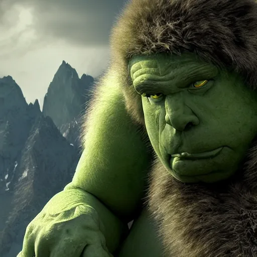 Image similar to still from a movie with cutting edge practical effects, giant humanoid troll with light green skin and big nose, burly, wearing long fur toga and holding sword, highly textured, fantasy, D&D, HDR, dramatic light, in alpine setting with mastadons in the background, wide angle shot, shallow depth of field, dynamic pose, award winning photograph!