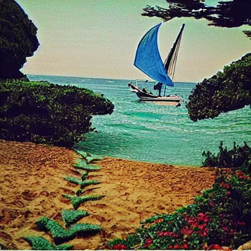 Image similar to “A photo of a beach and a french garden in 1993, tarot-like landscape it's lit by the camera flash. Surreal Greek architecture, mason, occult tarot symbols. Far away sail boat at the ocean”