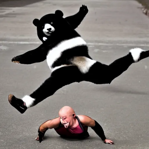 Image similar to Handsome French man falling as it gets kicked by a cute jumping stuffed panda