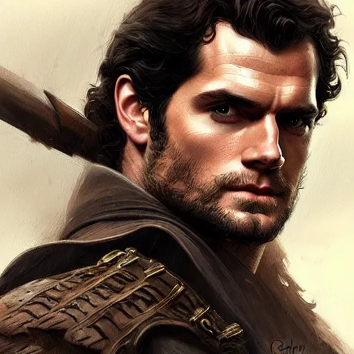 Prompt: Henry Cavill is a rugged ranger, D&D, muscular, fantasy, intricate, elegant, highly detailed, digital painting, artstation, concept art, smooth, sharp focus, illustration, art by artgerm and greg rutkowski and alphonse mucha