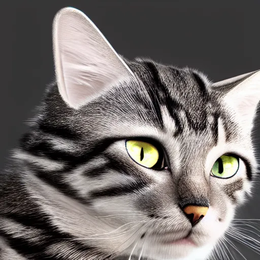 Prompt: A 3d render of a cat with metallic silver fur, hyperrealistic, bokeh, 8K