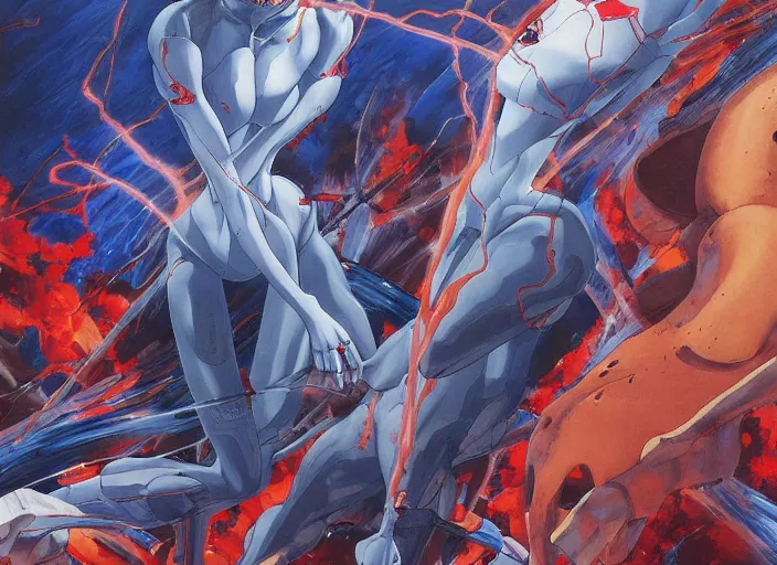 Image similar to third impact evangelion painting by james jean and katsuhiro otomo and erik jones, inspired by akira anime, smooth texture, intricate oil painting, high detail illustration, sharp high detail, long exposure