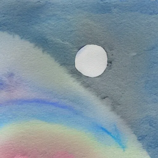 Image similar to low - angel view from 1 0 0 0 meters distance, cute uap interstellar vehicle on top of an ephemeral rainbow in the sky, muted watercolor. minimalist, detailed, heavy under paint, muted colors. ue 5