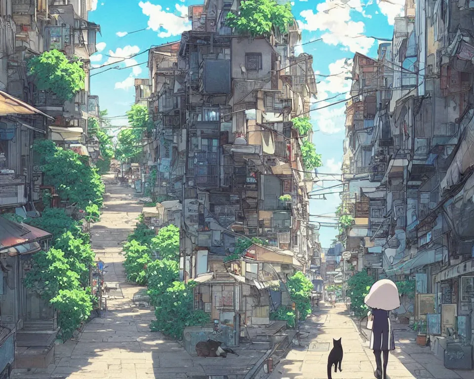 Image similar to beautiful illustration from behind a cat walking down the street in a city on a fine summers day, anime manga style, aesthetic, scene from the movie'your name ', makoto shinkai
