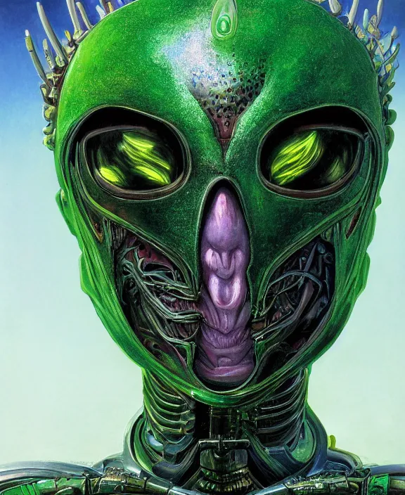 Prompt: a detailed portrait of an evil armoured cyborg alien with glowing green eyes and a crown of jade and topaz crystals by Wayne Barlowe, 4k resolution, photorealistic