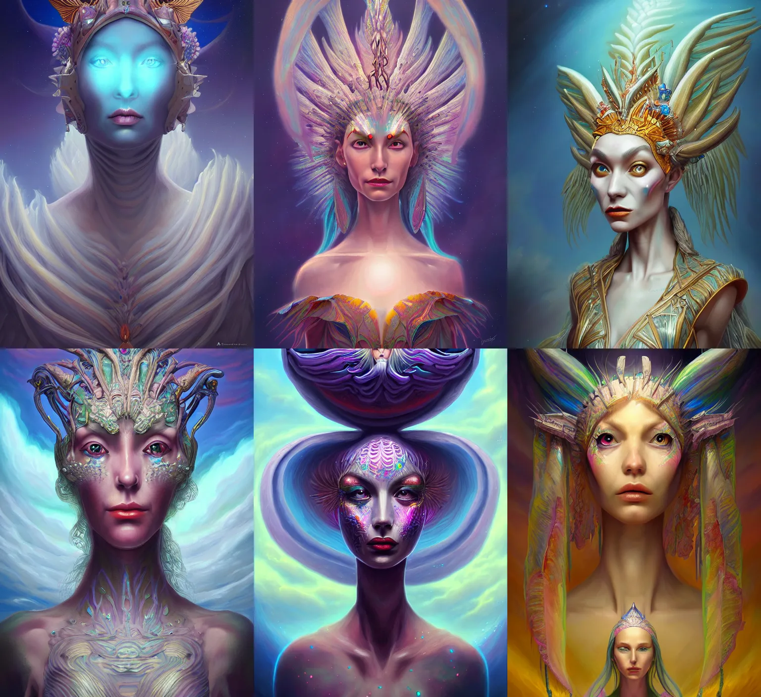 Prompt: fanciful and surreal oil painted illustration, a portrait of an ascended alien wind princess, concept art, highly detailed, intricate, fantasy, sharp focus, Trending on Artstation HQ, deviantart