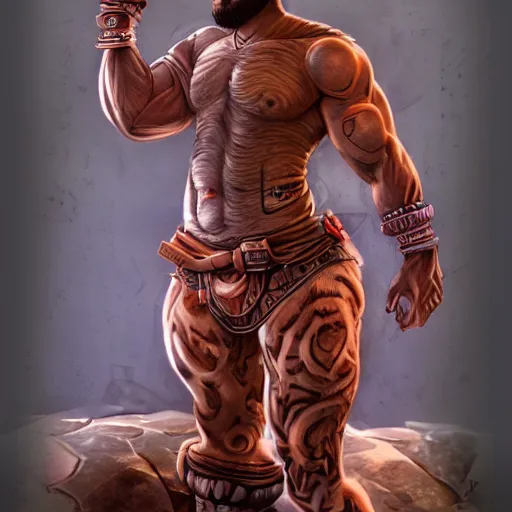 Prompt: bulking Physique Portrait Aziz ansari pixar unreal engine 4 tribal tattoos Overdrive Final Fantasy tactics Portrait of Red Titan being summoned Dave Dorman Donato Giancola Ruan Jia borderlands cel-shaded