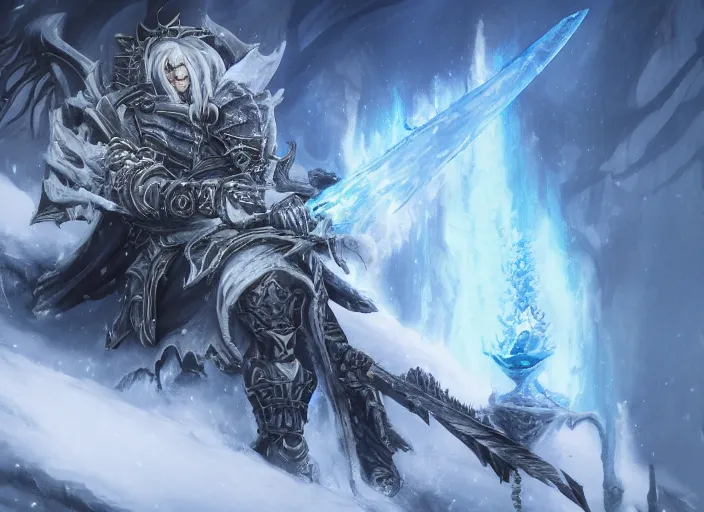 Image similar to the lich king with his mourneblade sitting on the frozen throne artwork by mendoza eddie, trending on artstation