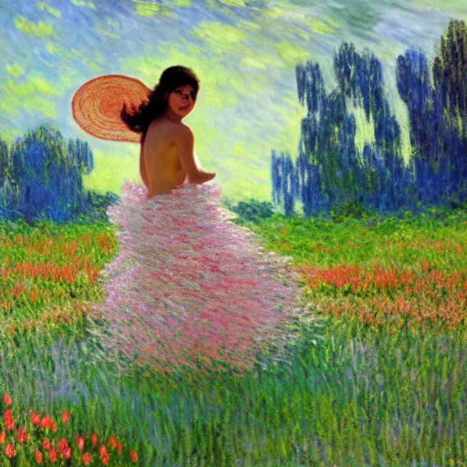 Prompt: beautiful tan mexican woman, landscape, dancing in a field of dragon lily, prominent rosy cheek bones, black hair and brown eyes, monet and da vinchi art style,