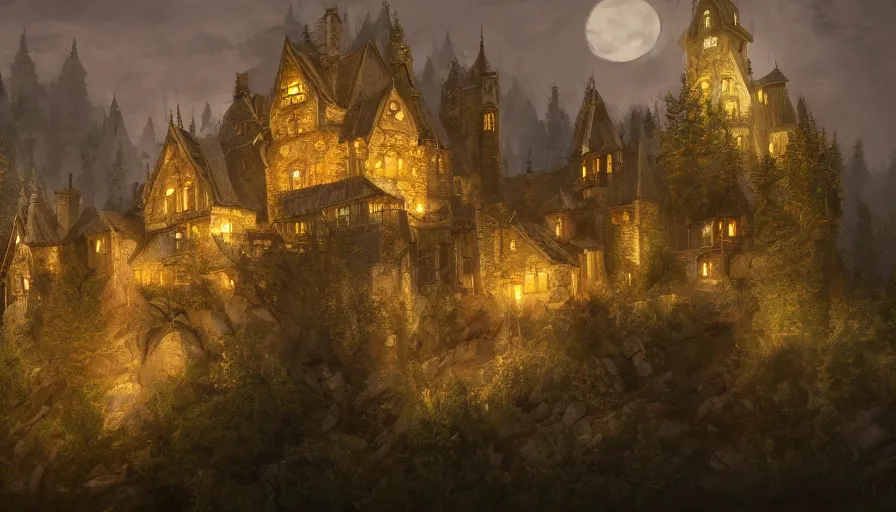 Prompt: Beautiful castle in the heart of the forest and sbow-capped mountains at night, hyperdetailed, artstation, cgsociety, 8k