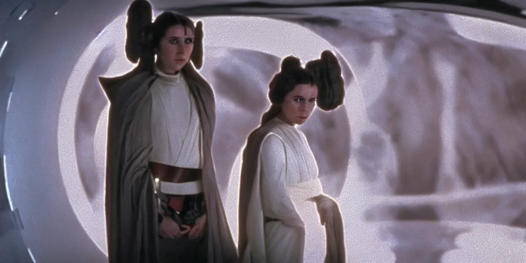 Image similar to screenshot portrait of Jedi Princess Leia, on a planet of maelstrom, chaos, the world without form and void, 1970s film by Stanley Kubrick, lost star wars film, iconic scene, HR Geiger design, stunning cinematography, hyper-detailed, sharp, anamorphic lenses, kodak color, 4k, stunning