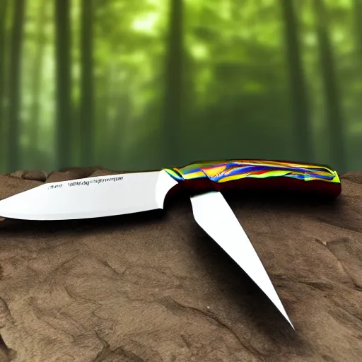 Image similar to fade crystal knife, macro shot, 3D rendering, colorful, in the forest, 8k, hyperdetalied, hyper realistic, artstation,