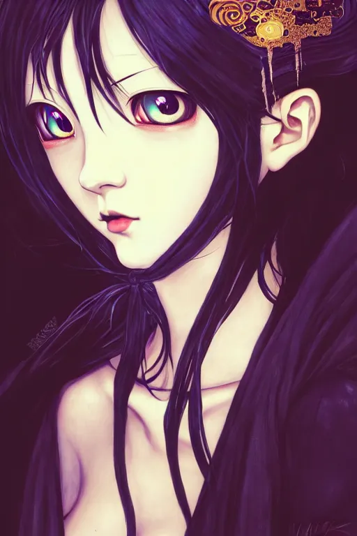 Prompt: portrait of beautiful young gothic anime maiden, cute-fine-face, pretty face, realistic shaded Perfect face, fine details. Anime, cyberpunk, Warhammer, Warhammer, Warhammer, highly detailed, artstation, illustration, art by Ilya Kuvshinov and Gustav Klimt and Gustav Klimt and Gustav Klimt and Gustav Klimt