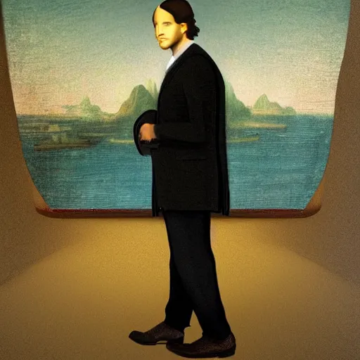 Image similar to a modern man with a suit and briefcase missing the bus in the morning. in the style of mona lisa by leonardo da vinci