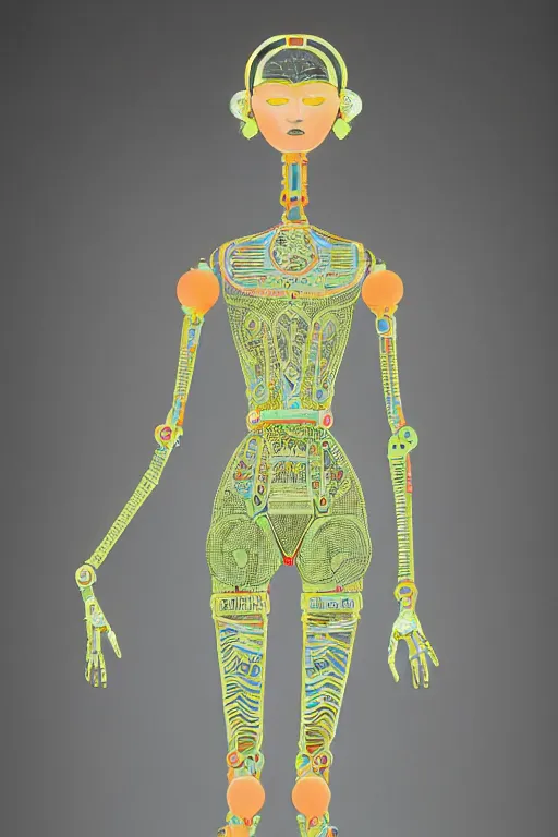 Prompt: a delicate 2 0's robot wearing a intricate tailored costume, with fluo organic shapes, muted colors, vivienne westwood, reduced minimal illustration