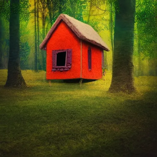 Image similar to small wooden house in the middle of enchanted forest, bright colours, watercolor, volumetric wool felting, macro photography, children illustration, by vacher christophe