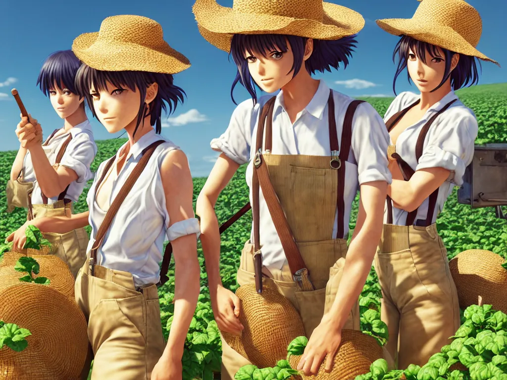 Image similar to mandragora farmer girls working on the sunny day, wearing a suspenders and straw hats, artgerm, artstation, art by hiroaki samura and jiro matsumoto and yusuke murata, box office hit, movie poster, unreal engine, octane render, sharp focus, high quality, highly detailed 8 k