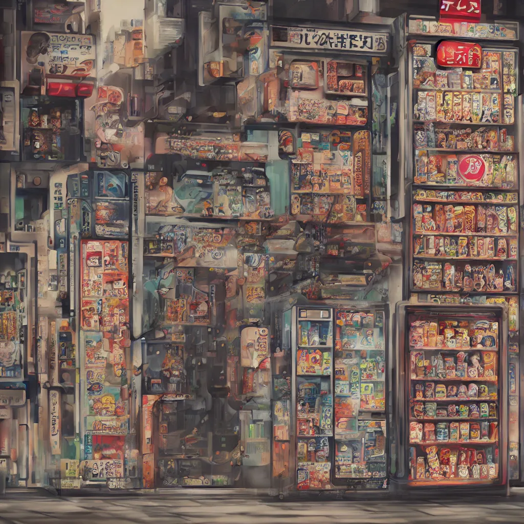 Prompt: portrait of tokyo corner store and vending machines, depth of field, zeiss lens, detailed, centered, photoshoot, by nicoletta ceccoli, mark ryden, lostfish, breathtaking, 8 k resolution, extremely detailed, beautiful, establishing shot, artistic, hyperrealistic, octane render,