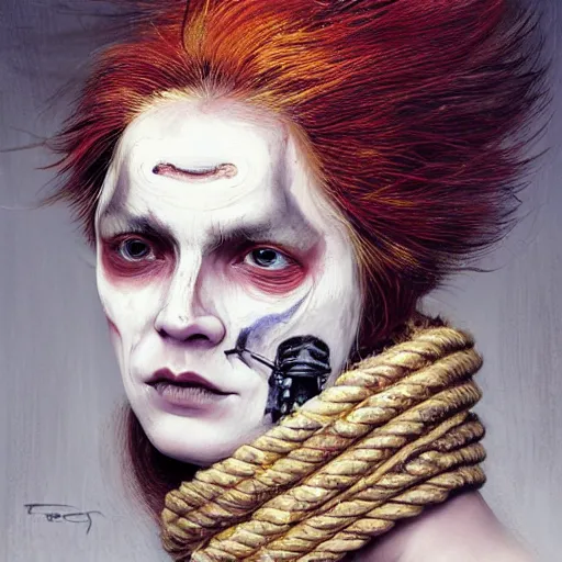 Image similar to portrait of a Shibari rope wrapped face and neck, headshot, insanely nice professional hair style, dramatic hair color, face paint half and half, digital painting, of a old 15th century, old cyborg merchant, amber jewels, baroque, ornate clothing, scifi, realistic, hyperdetailed, chiaroscuro, concept art, art by Franz Hals and Jon Foster and Ayami Kojima and Amano and Karol Bak,