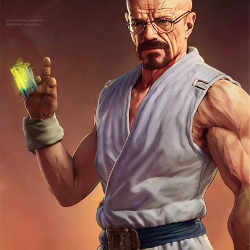 Prompt: walter white as a street fighter character, cg animation, capcom, realistic, character select portrait, by artgerm, greg rutkowski, alphonse mucha, 3 d