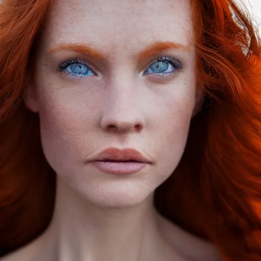 Image similar to close up photo of the left side of the face of a redhead woman with blue eyes who looks directly at the camera. Slightly open mouth, with a park visible in the background. 135mm nikon. Intricate. Very detailed 8k. Sharp. Cinematic post-processing.