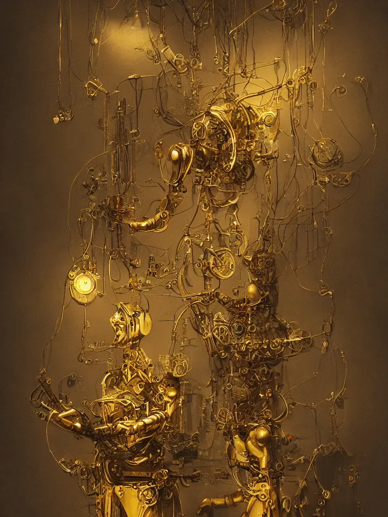 Image similar to mechanical clockwork man made of gold and hanging by wires in a dark room, created by peter mohrbacher, photorealistic, puppet, strings, 8 k