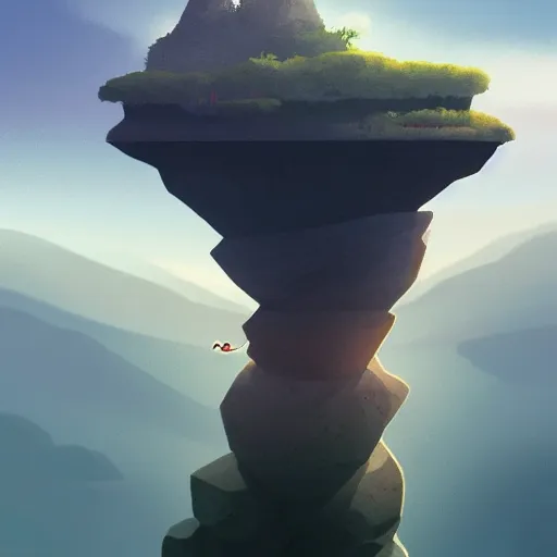 Image similar to Image from afar, man looking from the top of a large rock cliff, the sea hits the large stones hard, the clouds let through subtle rays of light, ilustration art by Goro Fujita, concept art, smooth, sharp focus, ArtStation