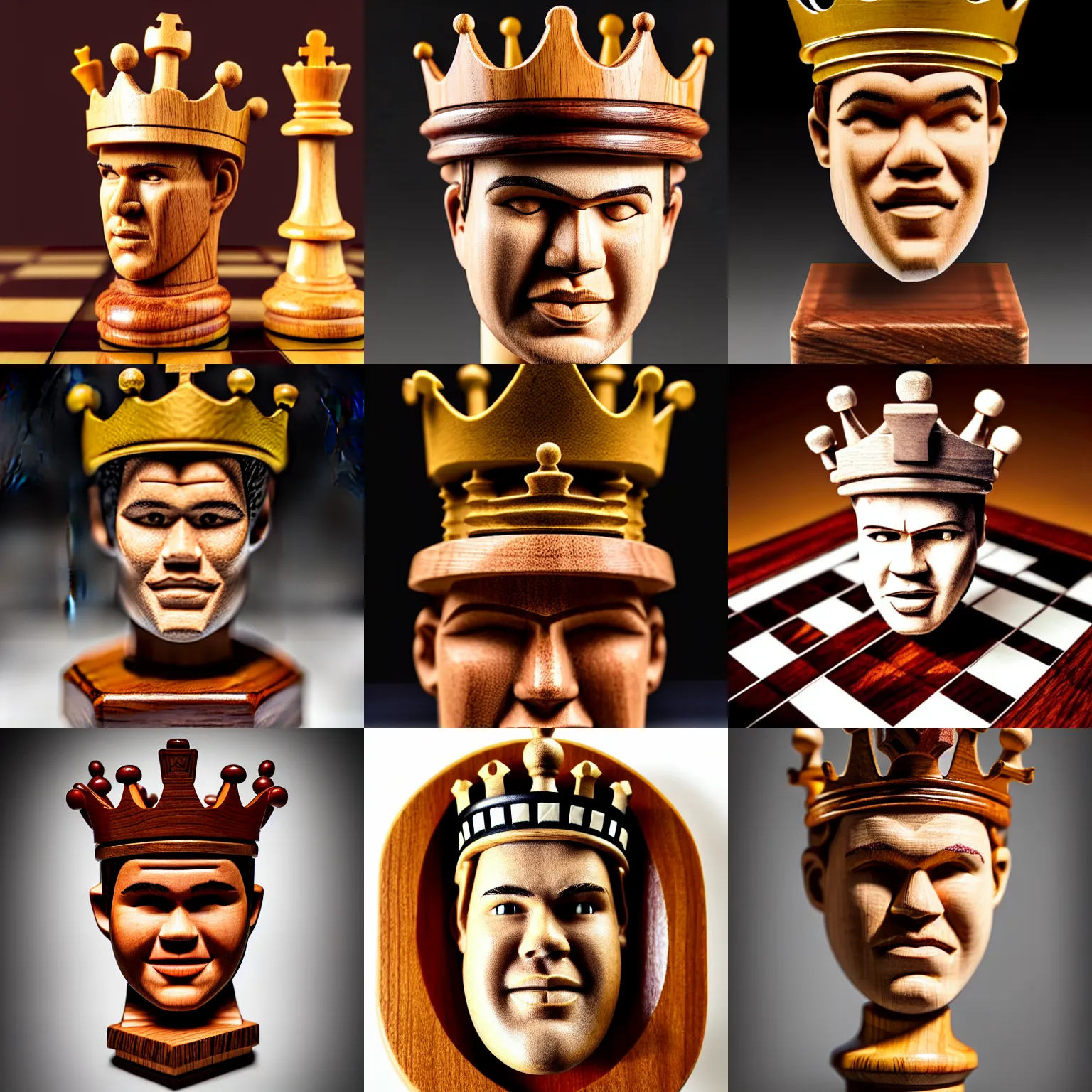 Prompt: product photograph of a chess king piece, made of wood, it has magnus carlsen's face, wearing a crown, on a chess board, full piece, highly detailed, studio lighting