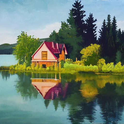 Prompt: painting of a house by a lake