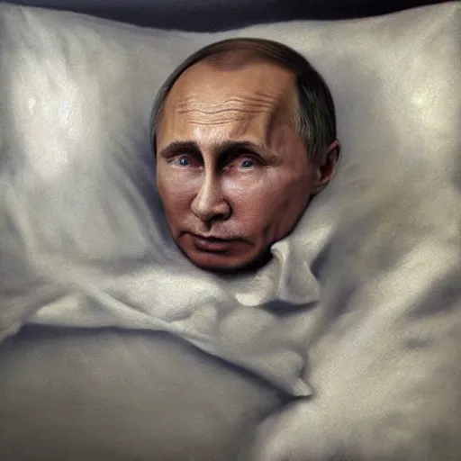 Image similar to a very hyperrealistic oil painting of ill Vladimir Putin as a patient wearing an oxygen mask lying in bed inhaling white clubs of smoke from Copium tank that stand near his bed, visible face, dimly lit cozy tavern, leather tunic, confident relaxed pose, d&d, stunning 3d render inspired art by Tim Okamura and Lise Deharme + perfect facial symmetry + dim volumetric lighting, 8k octane beautifully detailed render, post-processing, extremely hyperdetailed, intricate, epic composition, grim yet sparkling atmosphere, cinematic lighting + masterpiece, trending on artstation, very very detailed, masterpiece, stunning