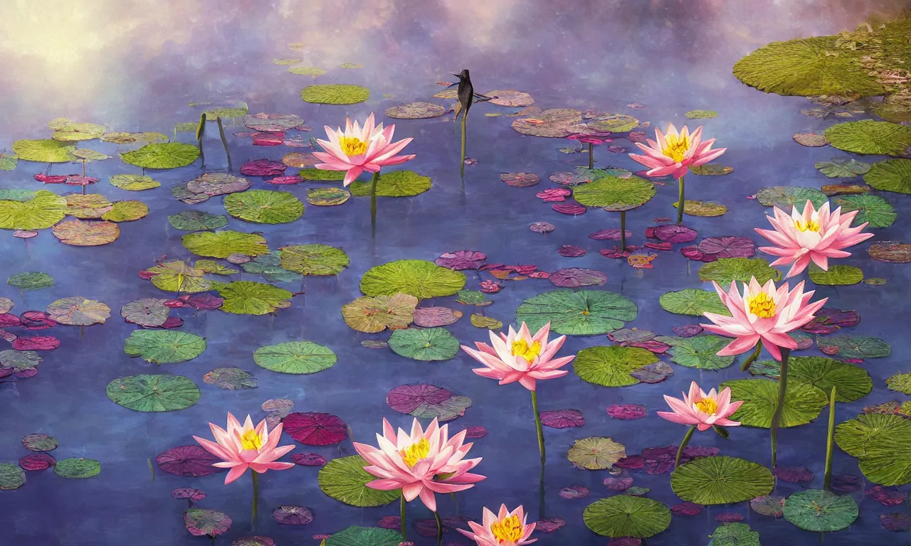 Prompt: breathtaking detailed digital cinematic painting of a pond of vibrant lotus with ribbons of gold, colibri in a sunlit blue sky whith plump white clouds, art by johannes voss, kelogsloops and anato finnstark, elegant, highly detailed, artstation, 8 k, unreal engine, hdr, concept art, matte, sharp focus,