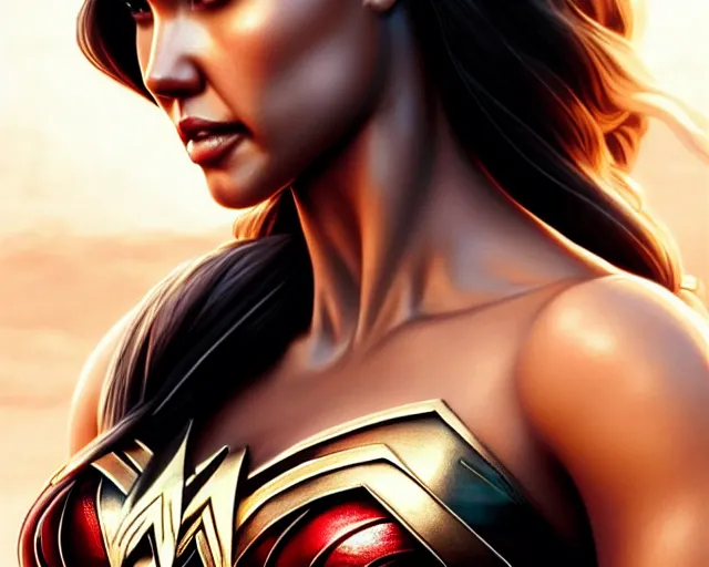 Image similar to jessica alba as wonder woman, elegant, highly detailed, sharp focus, art by Artgerm and Greg Rutkowski and WLOP