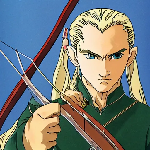 Image similar to Portait of Legolas in an 80s anime version of Lord of the Rings, holding a longbow, very detailed, ultra realistic, handpainted, Satoshi Kon, Hiyao Miyazaki, Katsuhiro Otomo