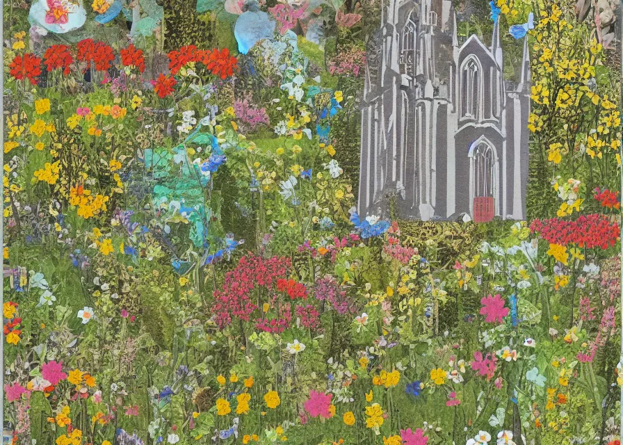 Prompt: small gothic monastery in the middle of a forest with flower meadow, colored paper collage