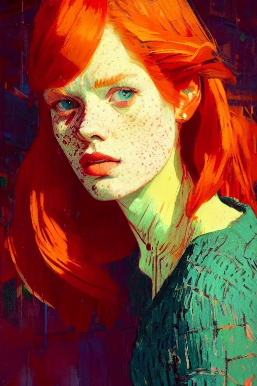 Image similar to portrait of a beautiful redhead girl, complementary colors, beautiful face, rule of thirds, intricate outfit, spotlight, by greg rutkowski, by jeremy mann, by francoise nielly, by van gogh, digital painting