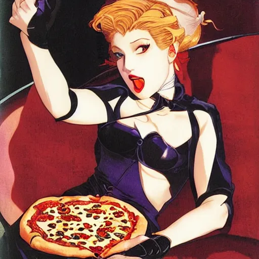 Prompt: attractive female vampire eating a pizza in a bright lounge by y j. c. leyendecker, yoji shinkawa, katayama bokuyo