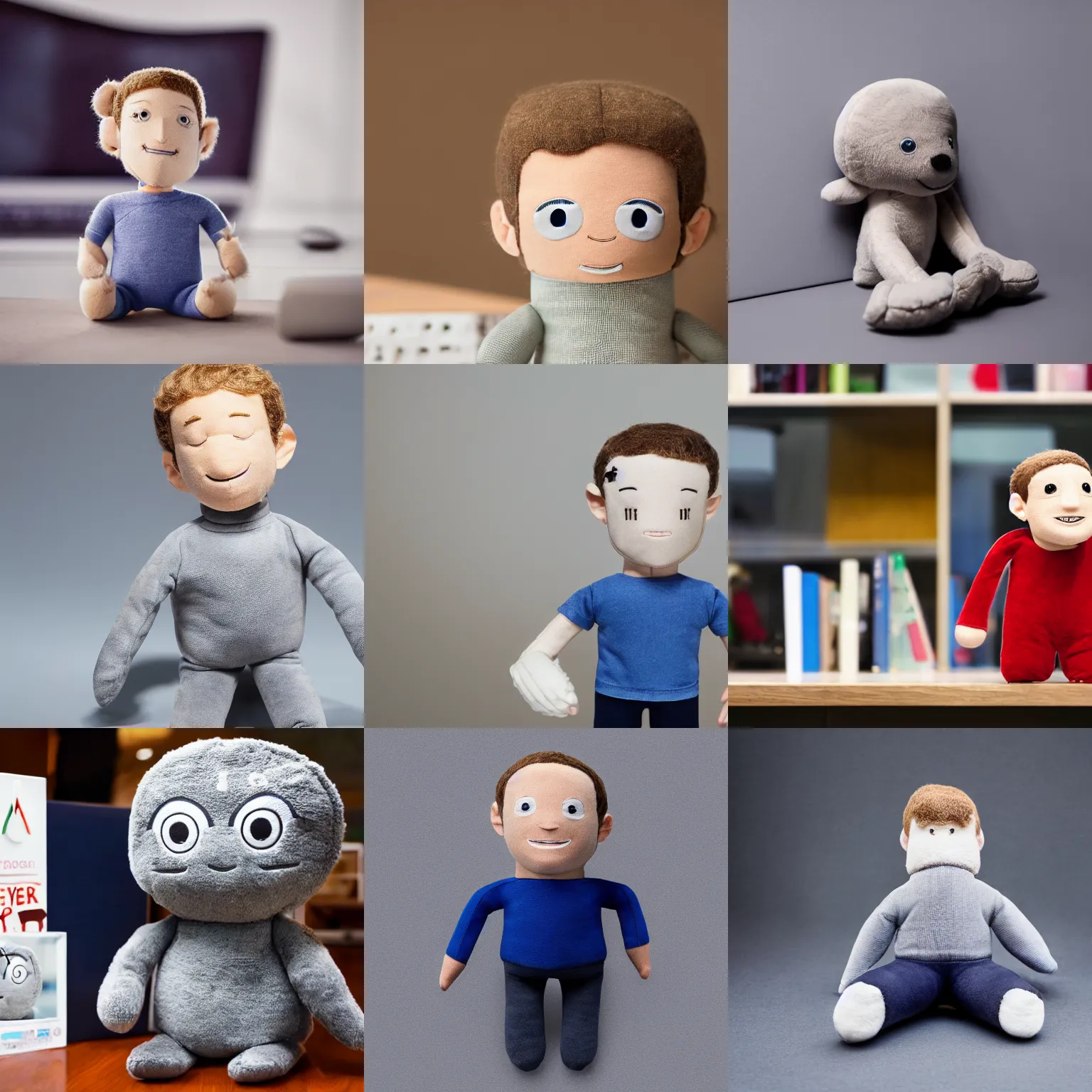 Prompt: Mark Zuckerberg Metaverse plush toy, product photography