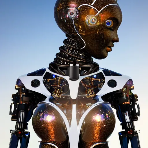 Prompt: beautiful centered Fine art photo of young woman humanoid robot, half body in water, solarpunk mechanical parts with led lights, real human face, photorealistic, white background, highly detailed and intricate, sunset lighting, HDR 8k