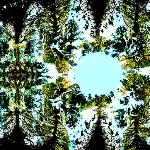 Image similar to looking up at the tops of trees in a forest, an ultrafine detailed painting by ( ( ( jon coffelt ) ) ), shutterstock contest winner, generative art, multiple exposure, fisheye lens, high dynamic range