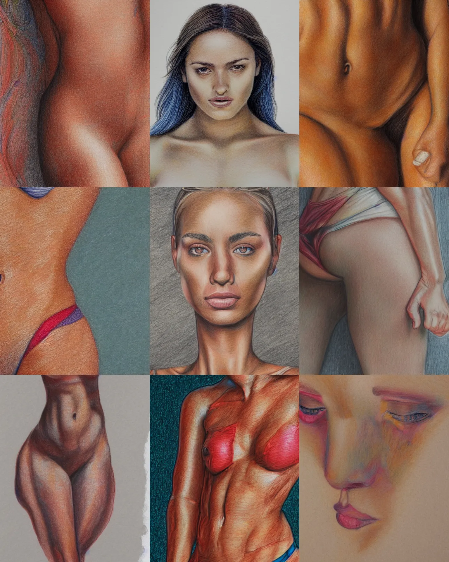 Prompt: body of a young woman, detailed coloured pencil, close up