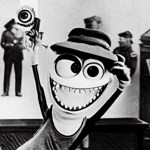 Image similar to vintage picture of mike wazowski from monsters inc at nuremberg trials