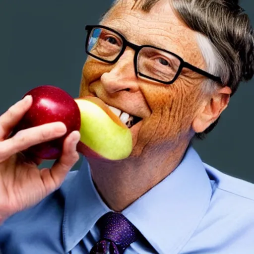Prompt: bill gates eating an apple, face closeup