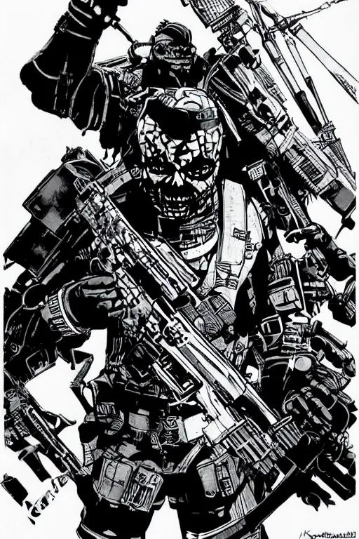 Image similar to a paranormal soldier, tribal, emp weapons strapped in shoulders, horror sci - fi, black and white, art by kevin eastman