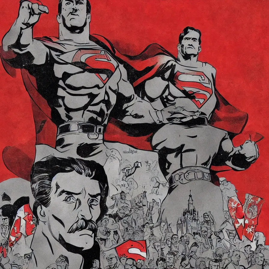 Prompt: epic comic book cover of stalin as superman floating over the red square ( moscow ), soviet propaganda poster, socialist realism, aesthetically pleasing, finely detailed facial features, photorealistic, intricate digital art, trending artstation, artgem, rich moody colors, fan art, concept art, in the style of the red son and invincible